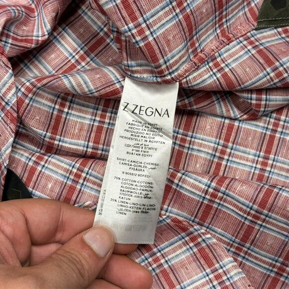 Ermenegildo Zegna Cotton Linen Dress Shirt Check Long Sleeve 15 1/2 Medium - Picture 10 of 11